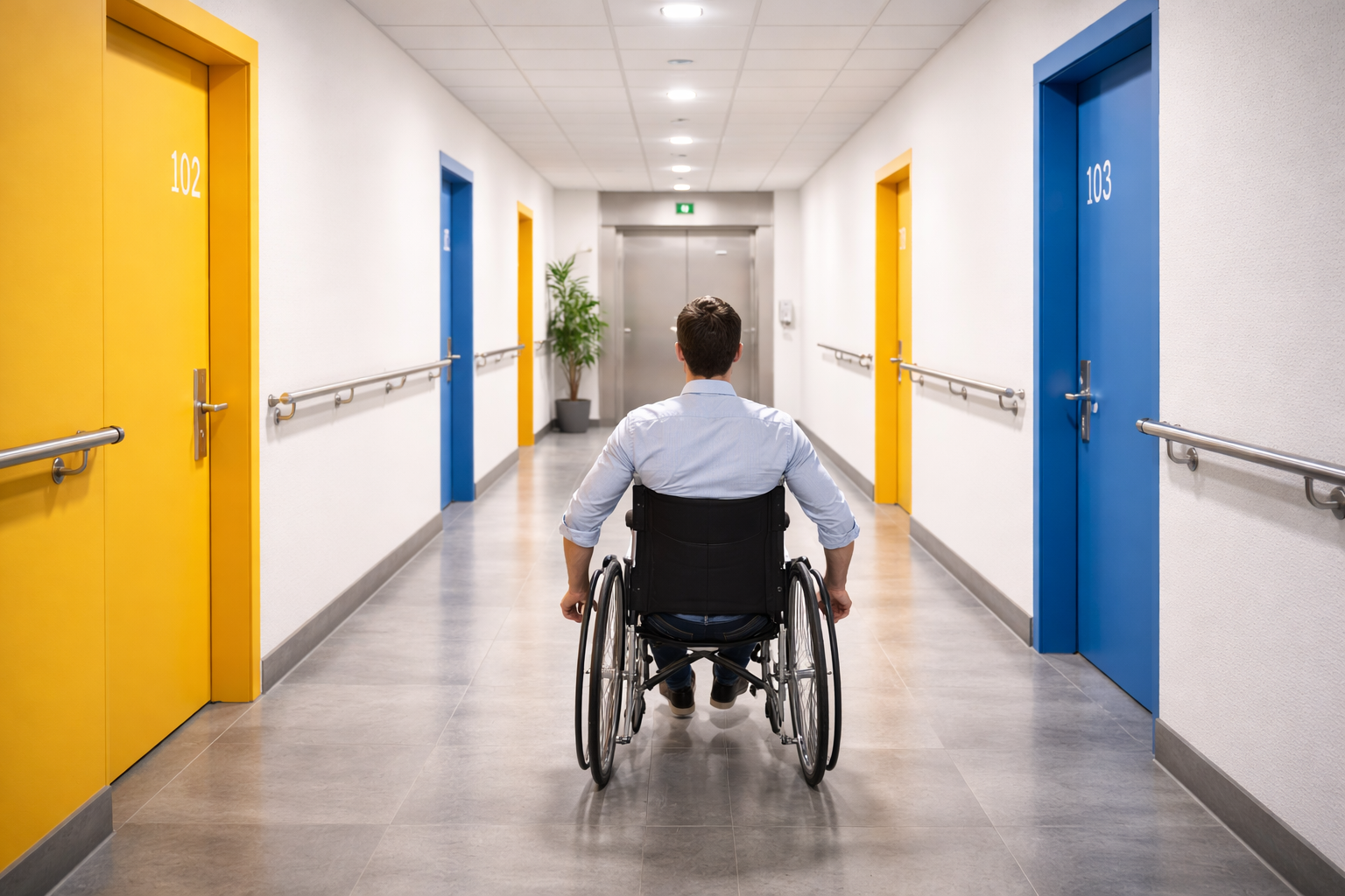Osoba na wózku inwalidzkim jadąca korytarzem